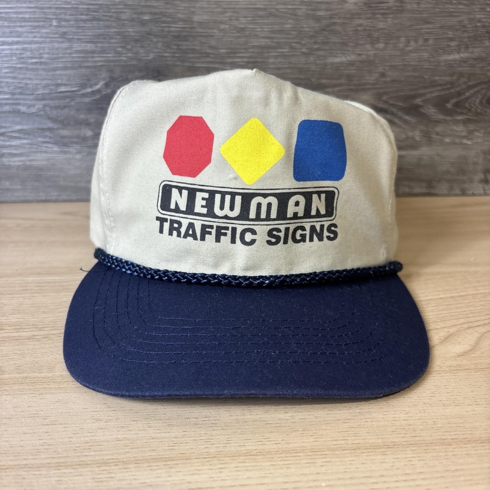 Vintage Newman Traffic Signs Hat Cap Strap Back Tan Navy Blue Rope
